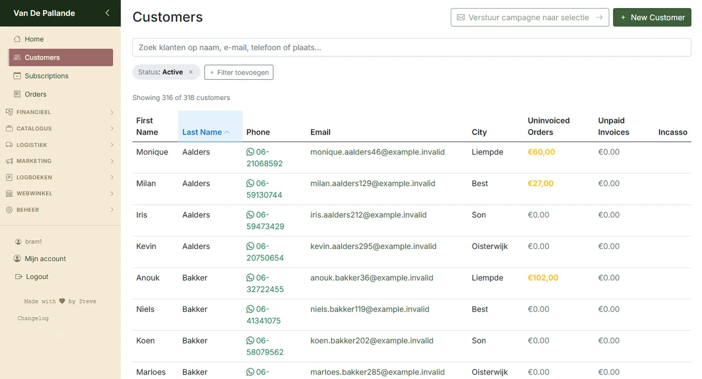The customer list in LEAF's vendor portal, with a filter bar and dozens of customer rows.
