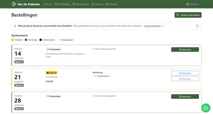 The orders overview in the customer portal